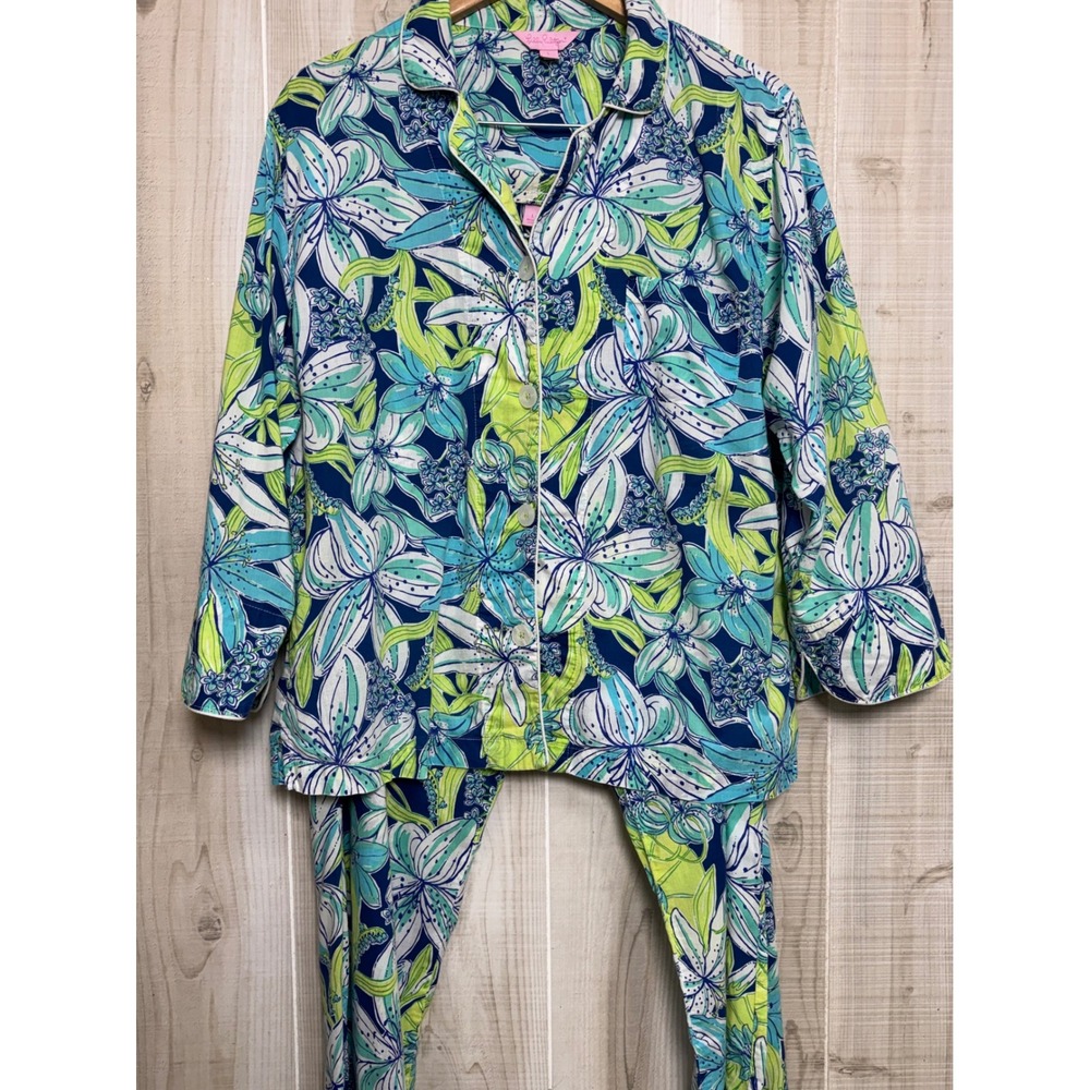 Lilly Pulitzer Blue Green Floral Pajama Set Button Down Top Pants Womens Large